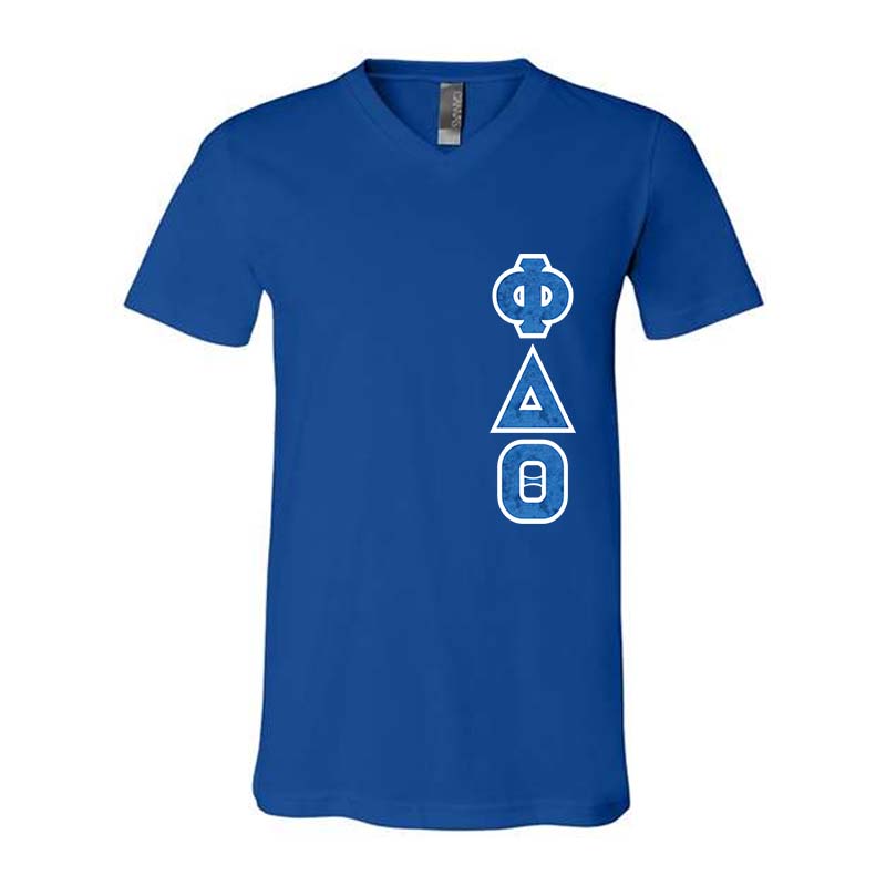 Phi Delta Theta Fraternity V-Neck T-Shirt , Vertical Letters- TWILL