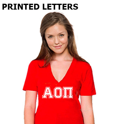 Sorority V-Neck Tee, Printed Varsity Letters - Bella 3005 - CAD