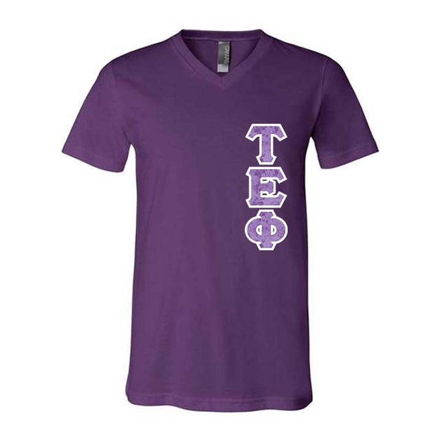 Tau Epsilon Phi Fraternity V-Neck T-Shirt (Vertical Letters) - Bella 3005 - TWILL