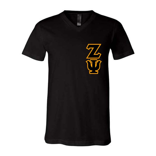Zeta Psi Fraternity V-Neck T-Shirt (Vertical Letters) - Bella 3005 - TWILL