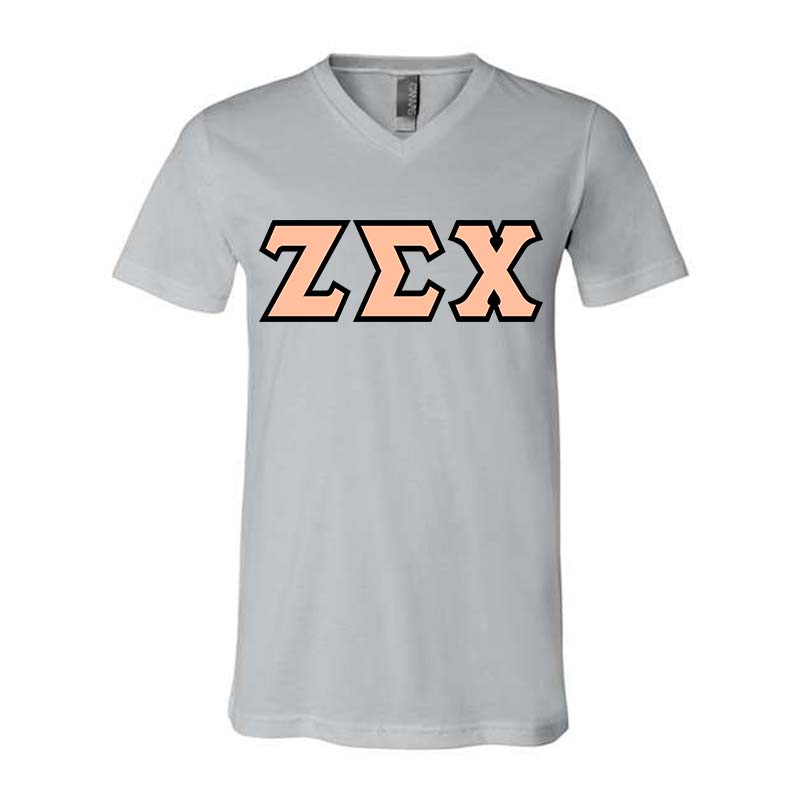 Zeta Sigma Chi V-Neck Shirt, Horizontal Letters - TWILL