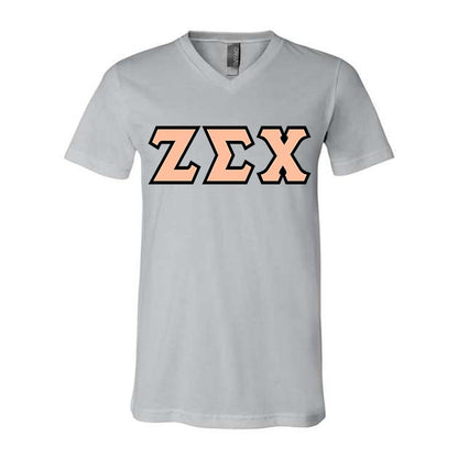 Zeta Sigma Chi V-Neck Shirt, Horizontal Letters - TWILL