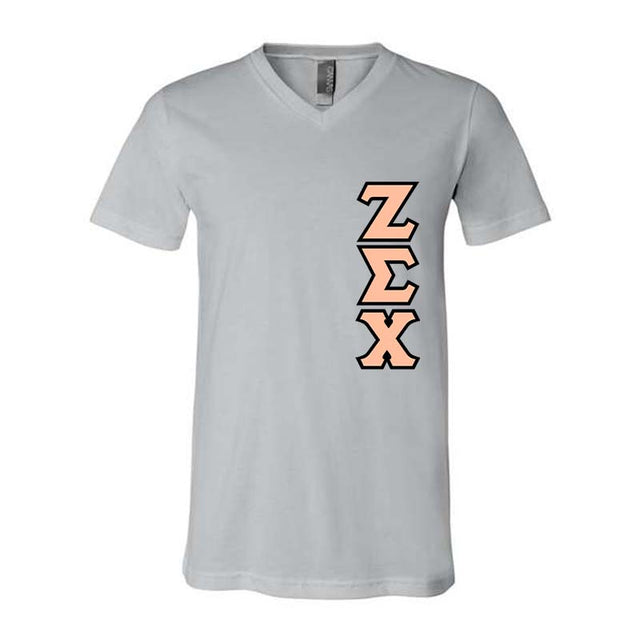 Zeta Sigma Chi Sorority V-Neck Shirt (Vertical Letters) - Bella 3005 - TWILL