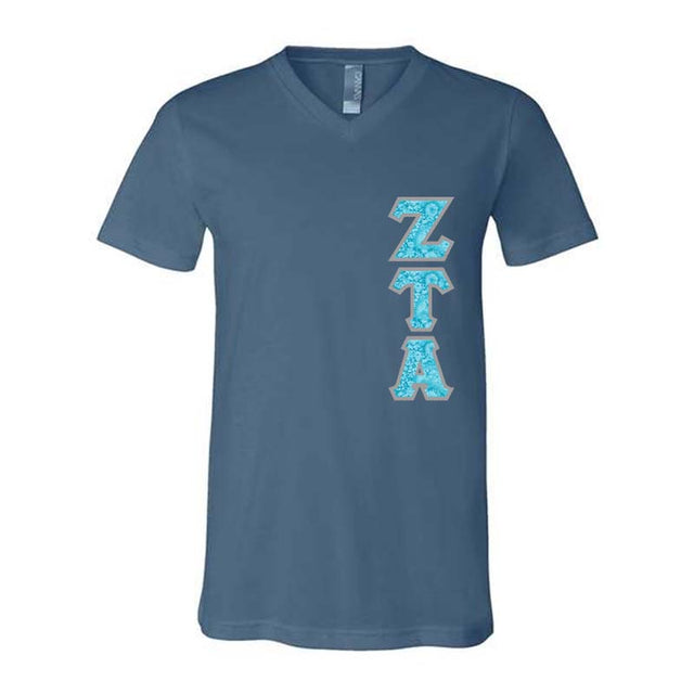 Zeta Tau Alpha Sorority V-Neck Shirt (Vertical Letters) - Bella 3005 - TWILL