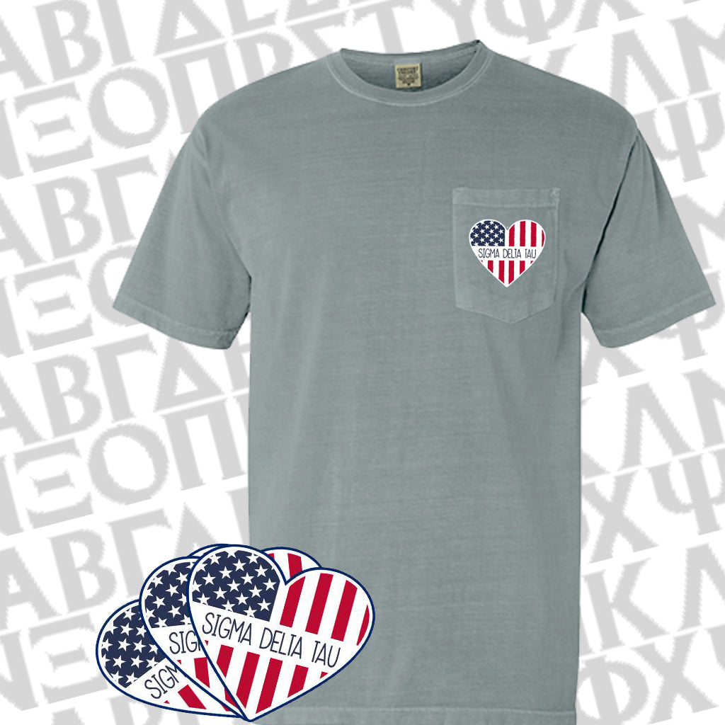 Sorority Bid Day Pack - Greek T-Shirt with Patriotic Heart Pocket and 3 pack of Greek Patriotic Heart Sticker- Comfort Colors 6030 - DIG