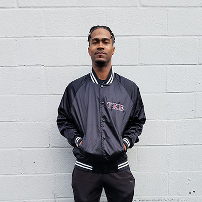 Greek Satin Baseball Jacket Striped Trim, Embroidered Greek Letters - 3610 - EMB